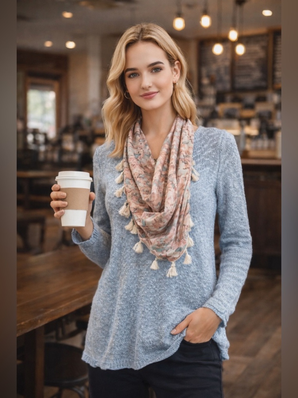 NWT Live and Let Live Blue Knit Sweater w/ Scarf Petite PS Boho Soft Top